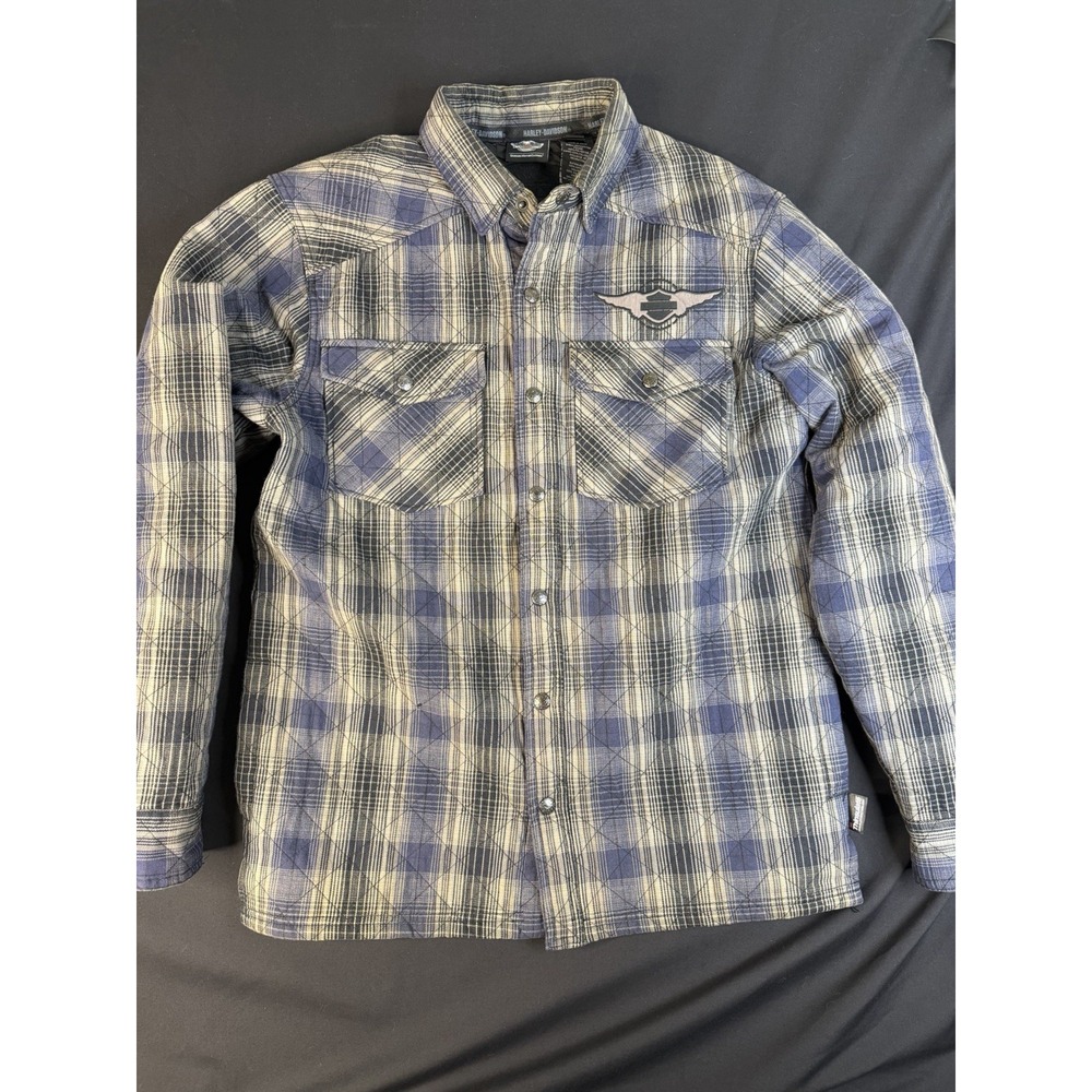 Harley Davidson Quilted Shirt Jacket Plaid Thinsulate Snap Flannel Blue, M